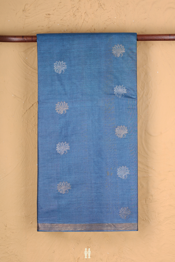 Tussar Silk Saree In Capri Blue With Floral Buttas