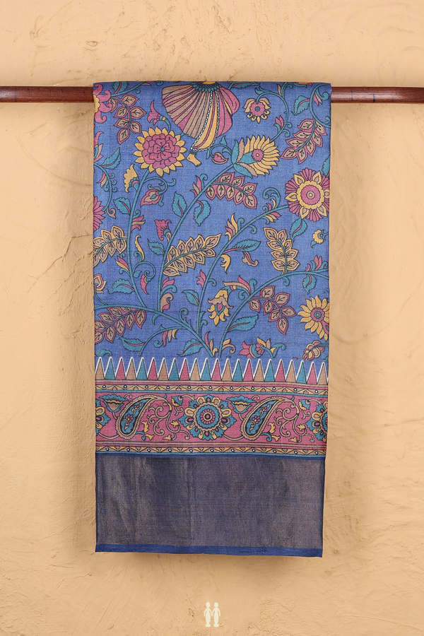 Tussar Silk Saree In Cobalt Blue With Floral Design