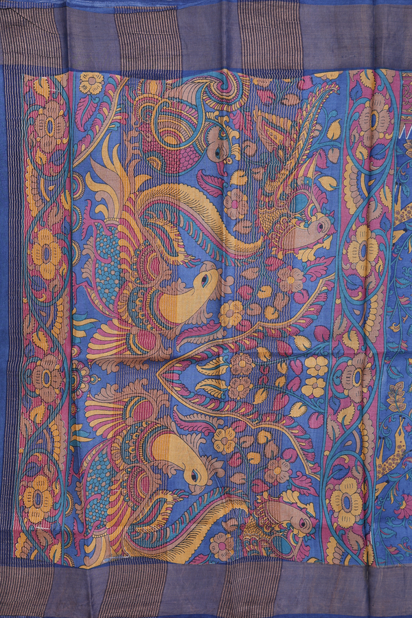 Tussar Silk Saree In Cobalt Blue With Floral Design