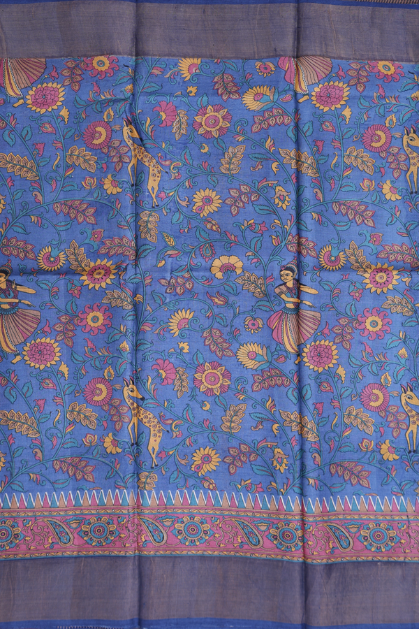 Tussar Silk Saree In Cobalt Blue With Floral Design