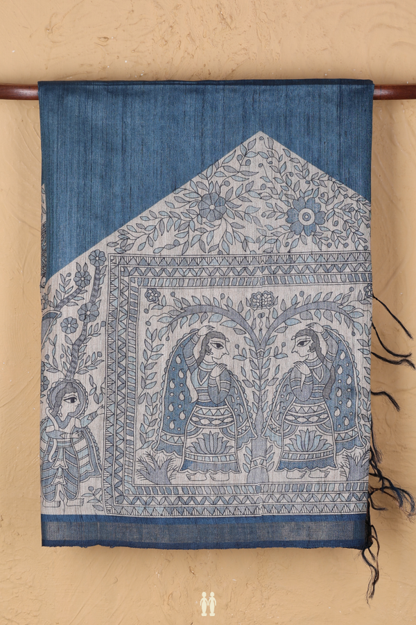 Tussar Silk Saree In Capri Blue With Madhubani Design