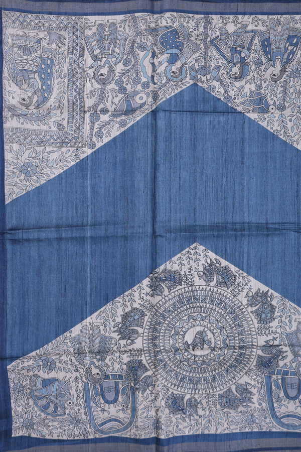 Tussar Silk Saree In Capri Blue With Madhubani Design