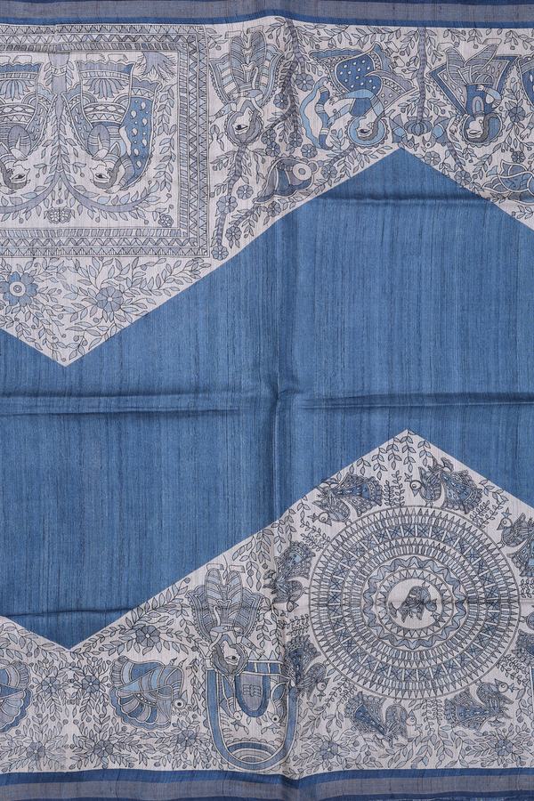 Tussar Silk Saree In Capri Blue With Madhubani Design