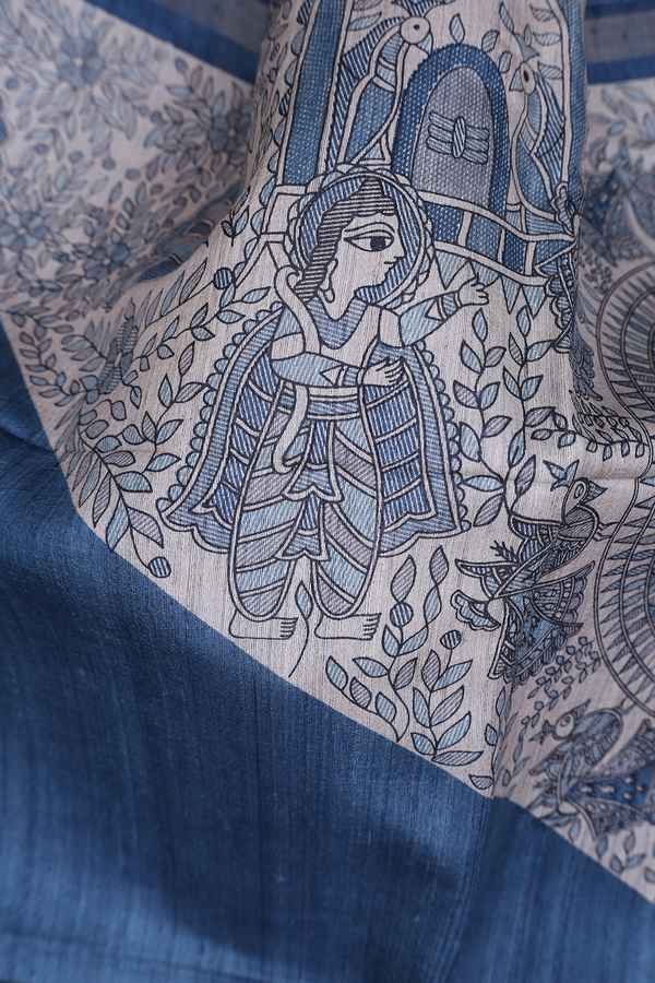 Tussar Silk Saree In Capri Blue With Madhubani Design