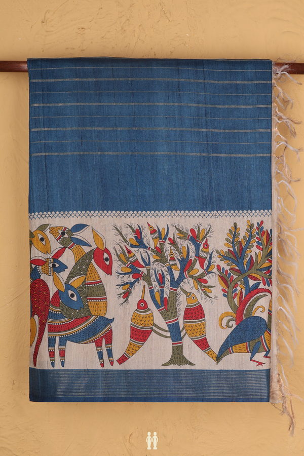 Tussar Silk Saree In Capri Blue With Stripes Design