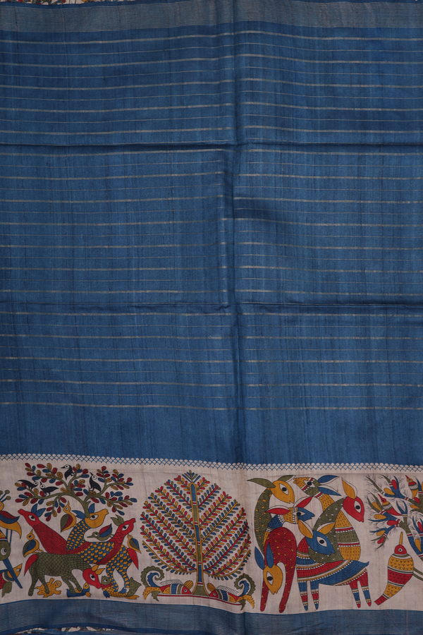 Tussar Silk Saree In Capri Blue With Stripes Design