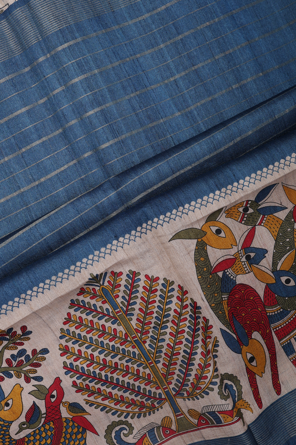 Tussar Silk Saree In Capri Blue With Stripes Design