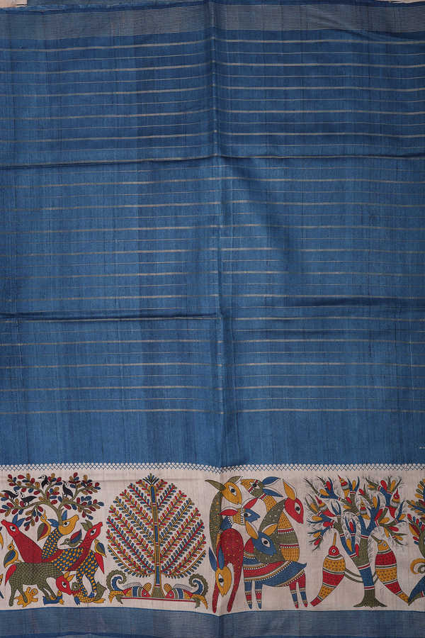 Tussar Silk Saree In Capri Blue With Stripes Design
