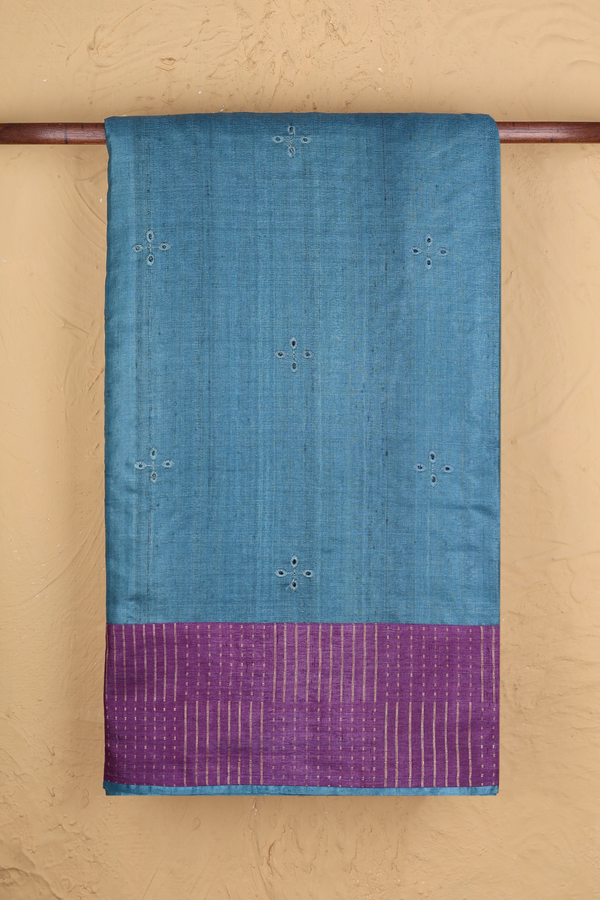 Tussar Silk Saree In Capri Blue With Threadwork Buttas