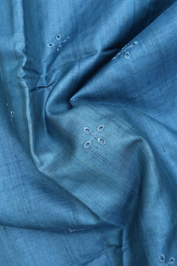 Tussar Silk Saree In Capri Blue With Threadwork Buttas