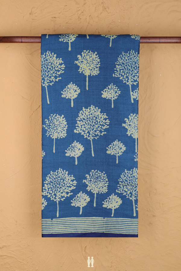 Tussar Silk Saree In Capri Blue With Tree Printed Design