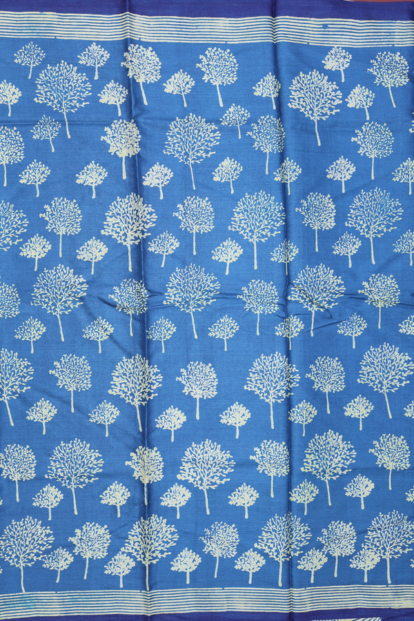Tussar Silk Saree In Capri Blue With Tree Printed Design