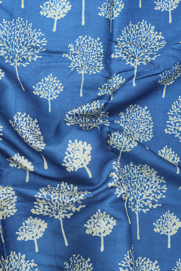 Tussar Silk Saree In Capri Blue With Tree Printed Design