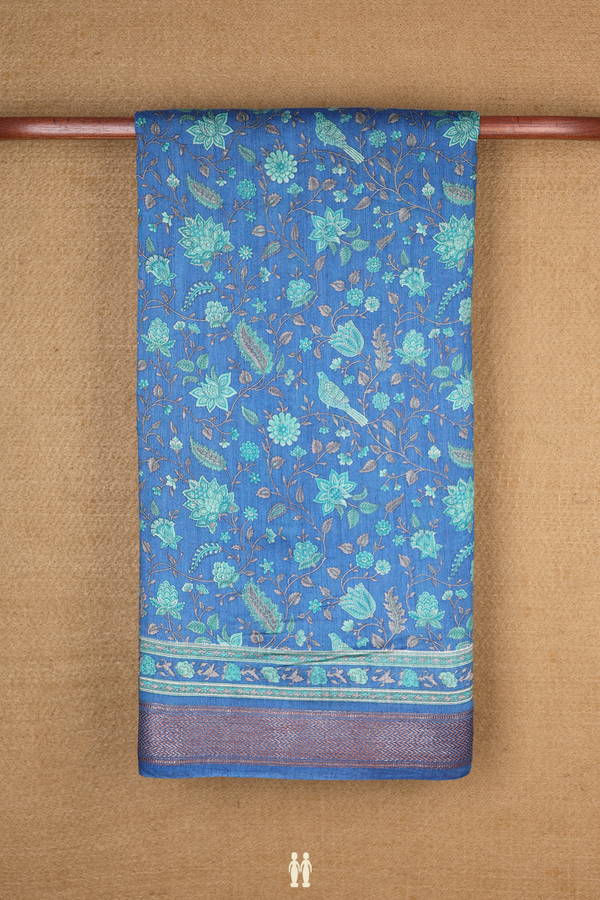 Tussar Silk Saree In Cerulean Blue With Botanical Design
