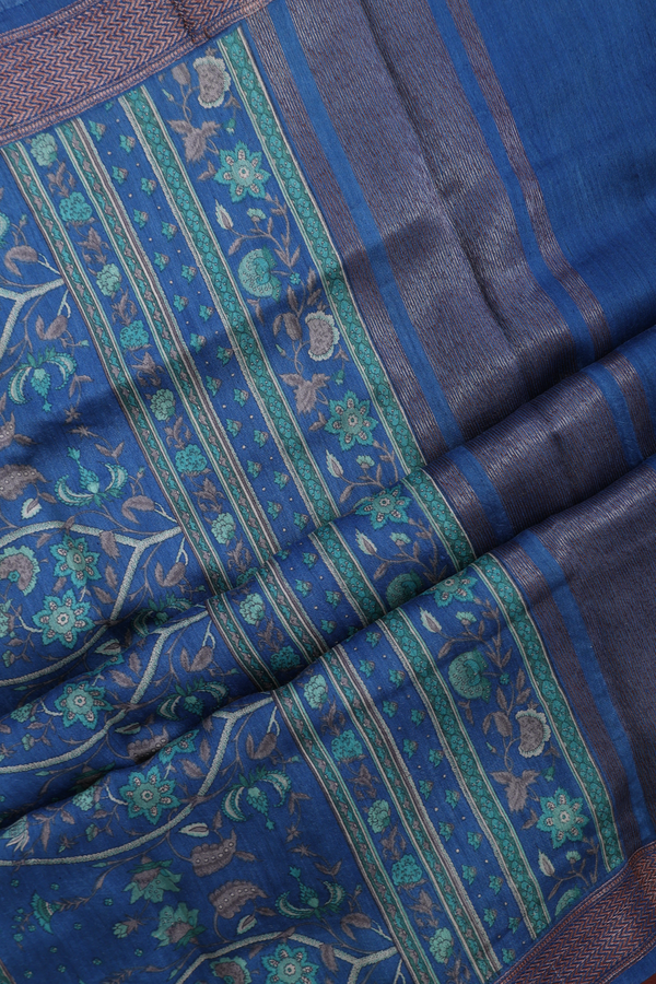 Tussar Silk Saree In Cerulean Blue With Botanical Design