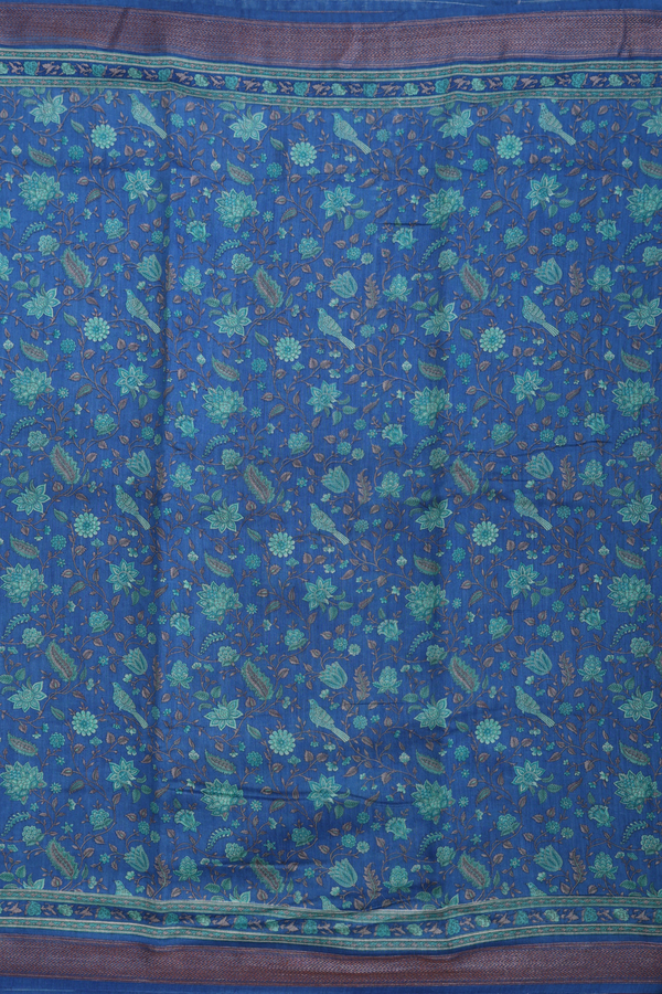 Tussar Silk Saree In Cerulean Blue With Botanical Design