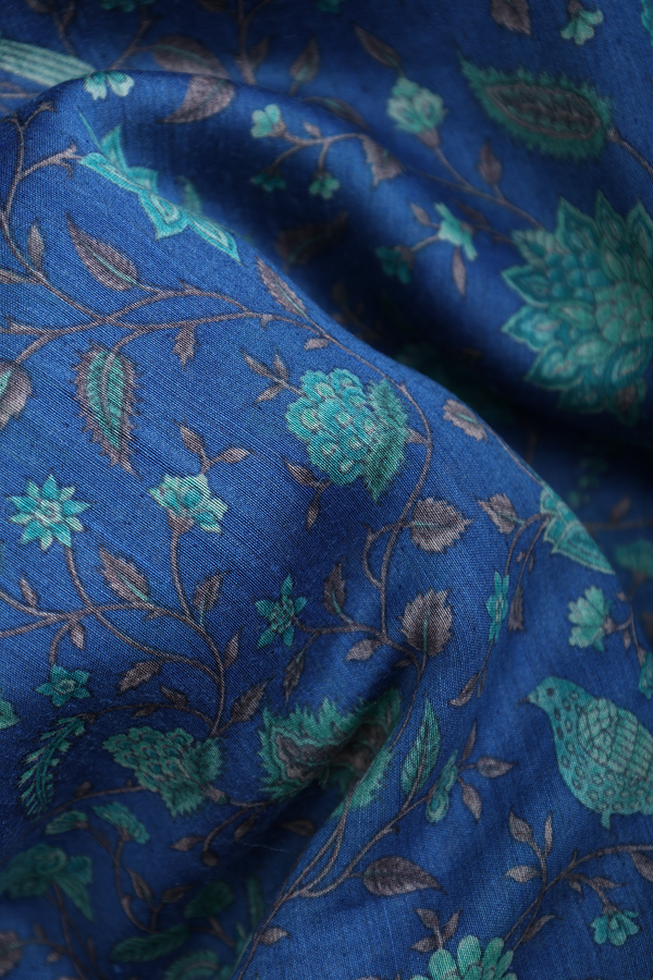 Tussar Silk Saree In Cerulean Blue With Botanical Design