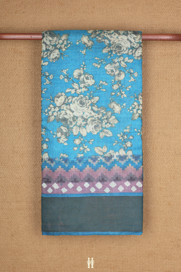 Tussar Silk Saree In Cerulean Blue With Floral Design