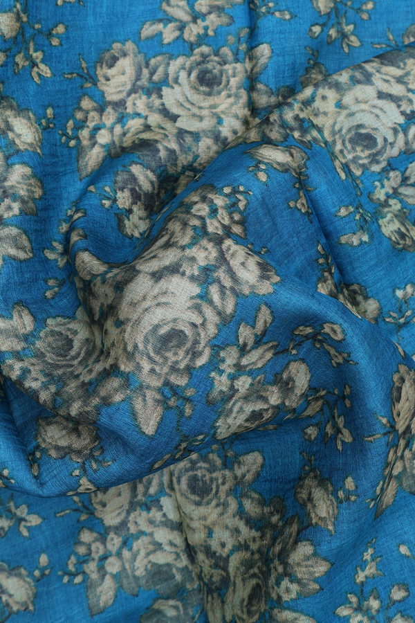 Tussar Silk Saree In Cerulean Blue With Floral Design