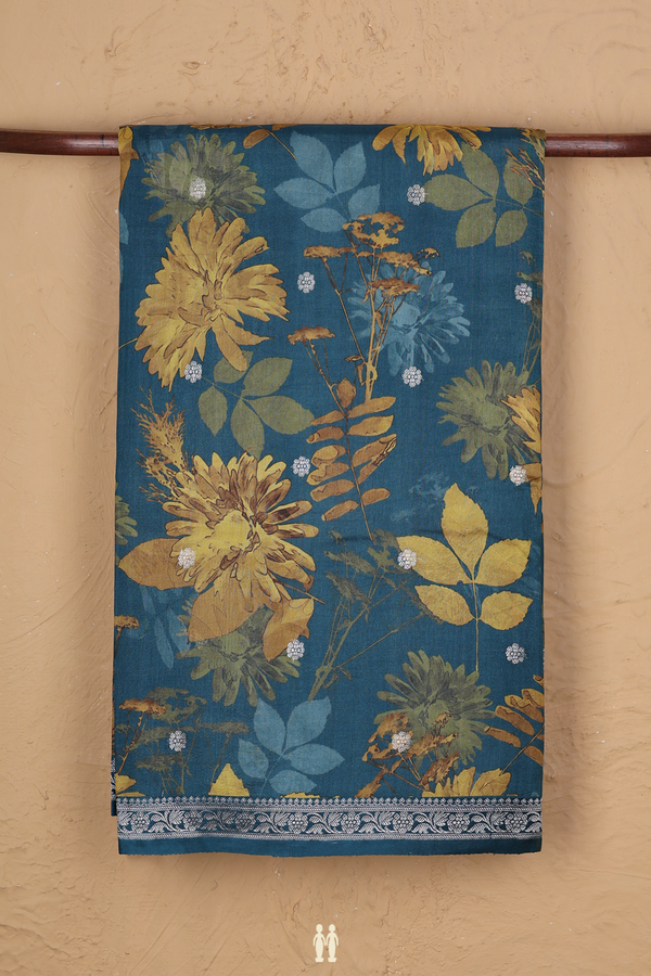 Tussar Silk Saree In Cerulean Blue With Leaf Printed Design