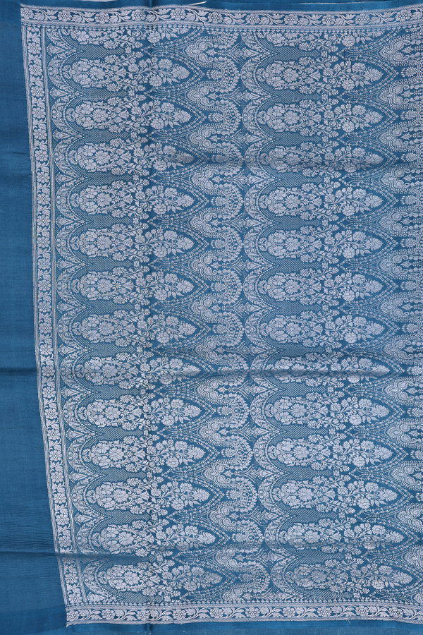 Tussar Silk Saree In Cerulean Blue With Leaf Printed Design