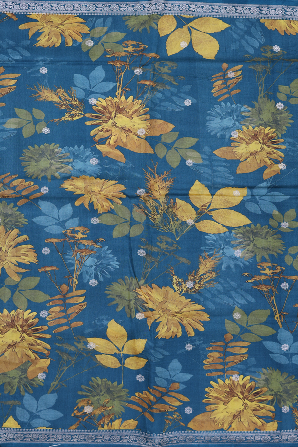 Tussar Silk Saree In Cerulean Blue With Leaf Printed Design