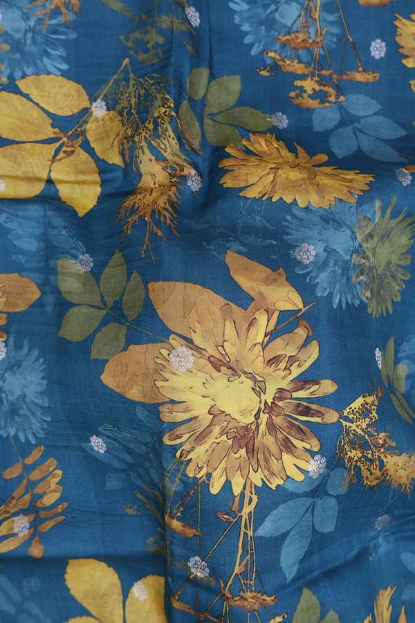 Tussar Silk Saree In Cerulean Blue With Leaf Printed Design