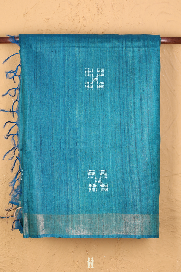 Tussar Silk Saree In Cerulean Blue With Threadwork Buttas