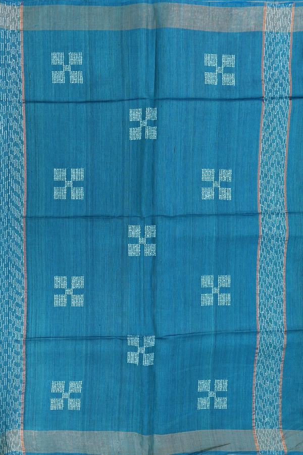 Tussar Silk Saree In Cerulean Blue With Threadwork Buttas