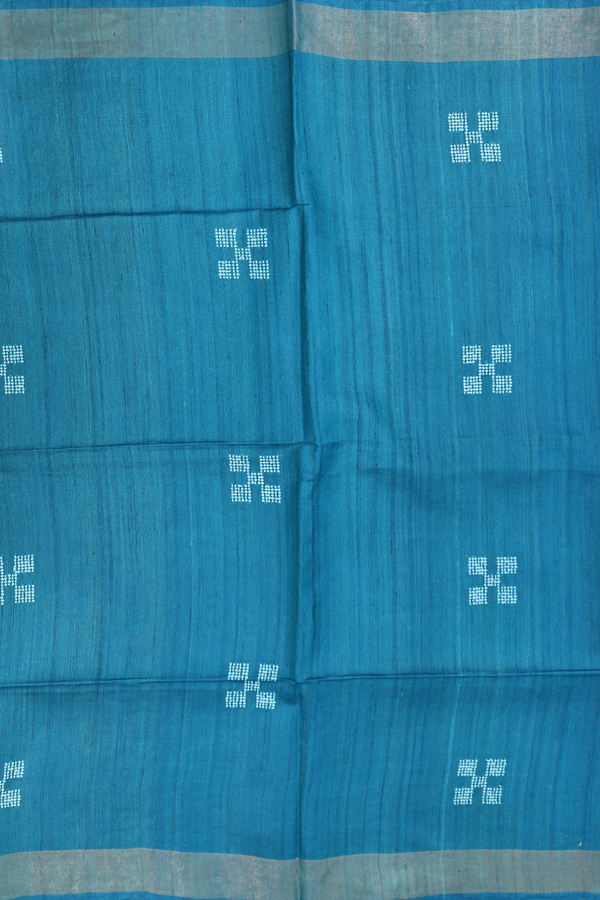 Tussar Silk Saree In Cerulean Blue With Threadwork Buttas
