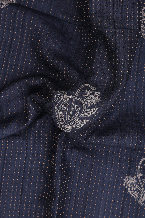 Tussar Silk Saree In Charcoal Grey Along Stripes With Buttas