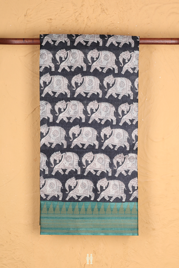 Tussar Silk Saree In Charcoal Grey With Elephant Printed Design