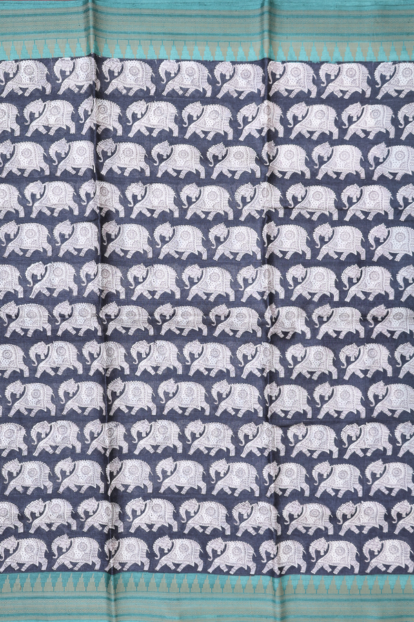 Tussar Silk Saree In Charcoal Grey With Elephant Printed Design