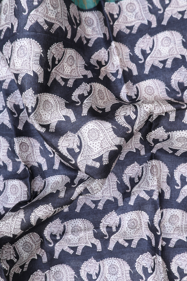 Tussar Silk Saree In Charcoal Grey With Elephant Printed Design