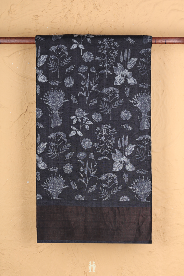 Tussar Silk Saree In Charcoal Grey With Floral Design