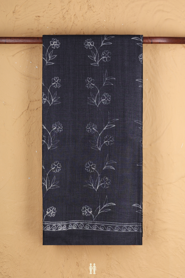 Tussar Silk Saree In Charcoal Grey With Floral Design