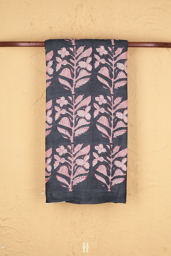 Tussar Silk Saree In Charcoal Grey With Floral Design