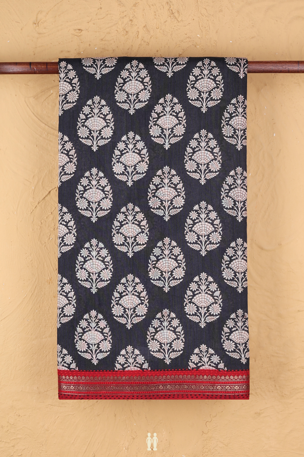 Tussar Silk Saree In Charcoal Grey With Floral Design