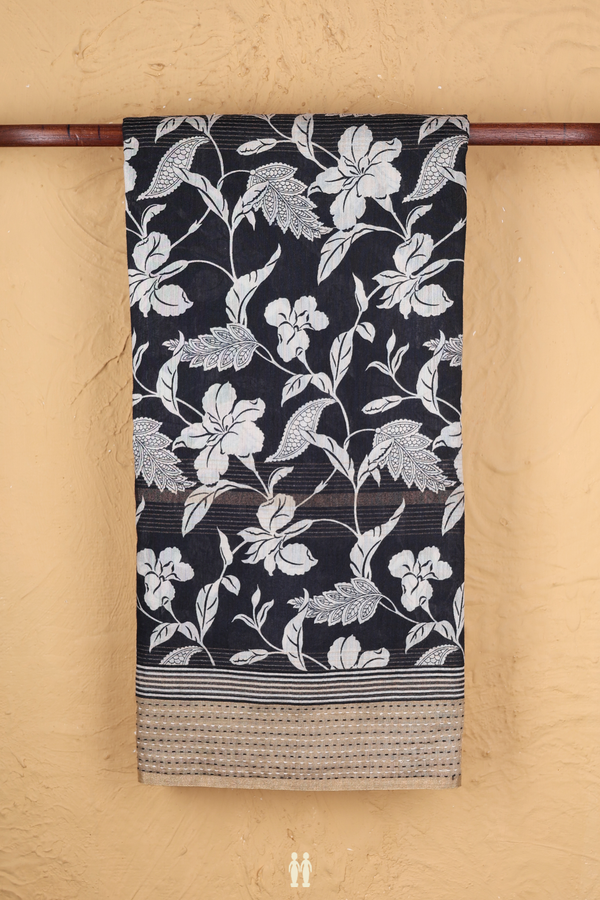 Tussar Silk Saree In Black With Floral Design