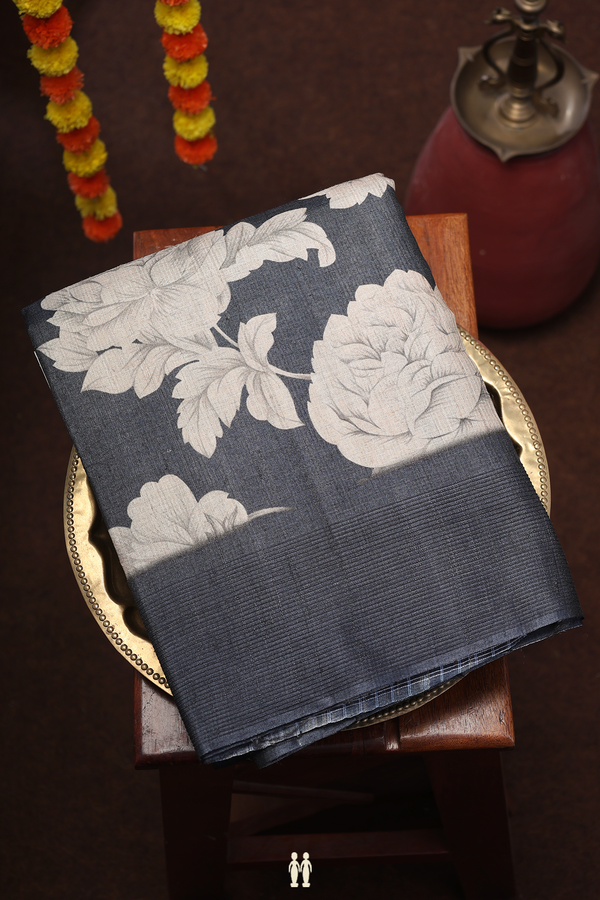 Tussar Silk Saree In Charcoal Grey With Floral Design