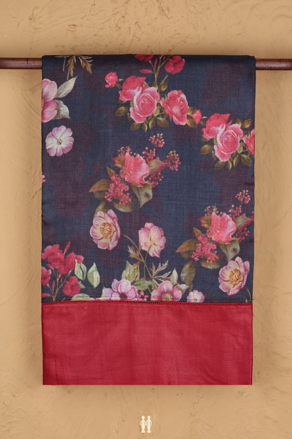 Tussar Silk Saree In Charcoal Grey With Floral Design