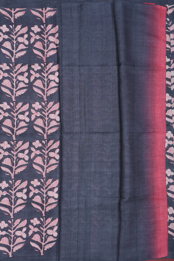 Tussar Silk Saree In Charcoal Grey With Floral Design