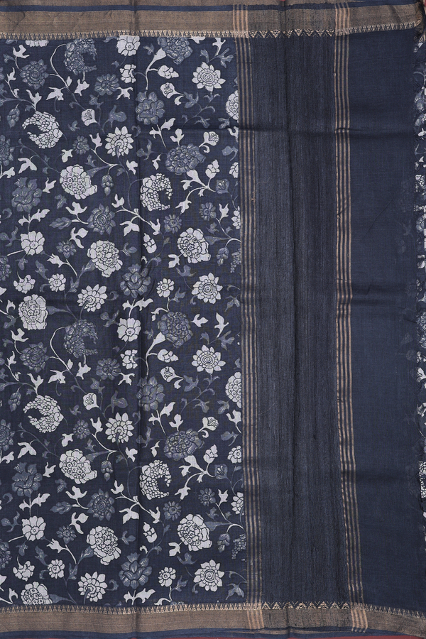 Tussar Silk Saree In Charcoal Grey With Floral Design