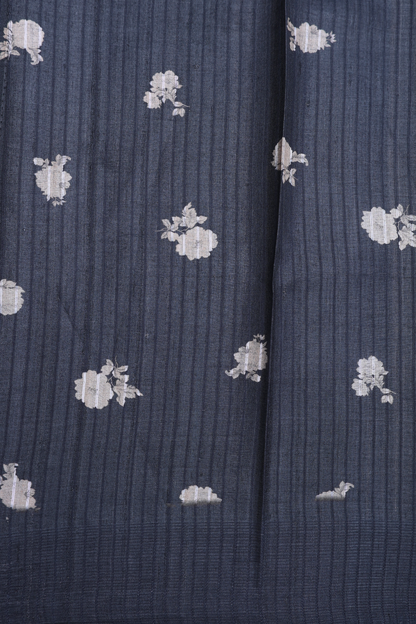 Tussar Silk Saree In Charcoal Grey With Floral Design
