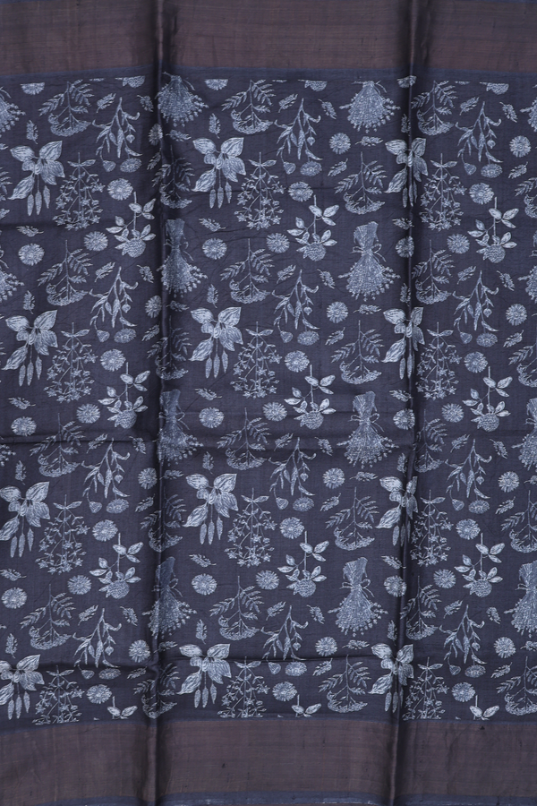 Tussar Silk Saree In Charcoal Grey With Floral Design