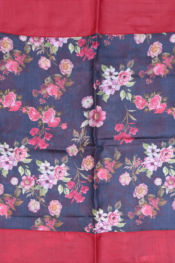 Tussar Silk Saree In Charcoal Grey With Floral Design