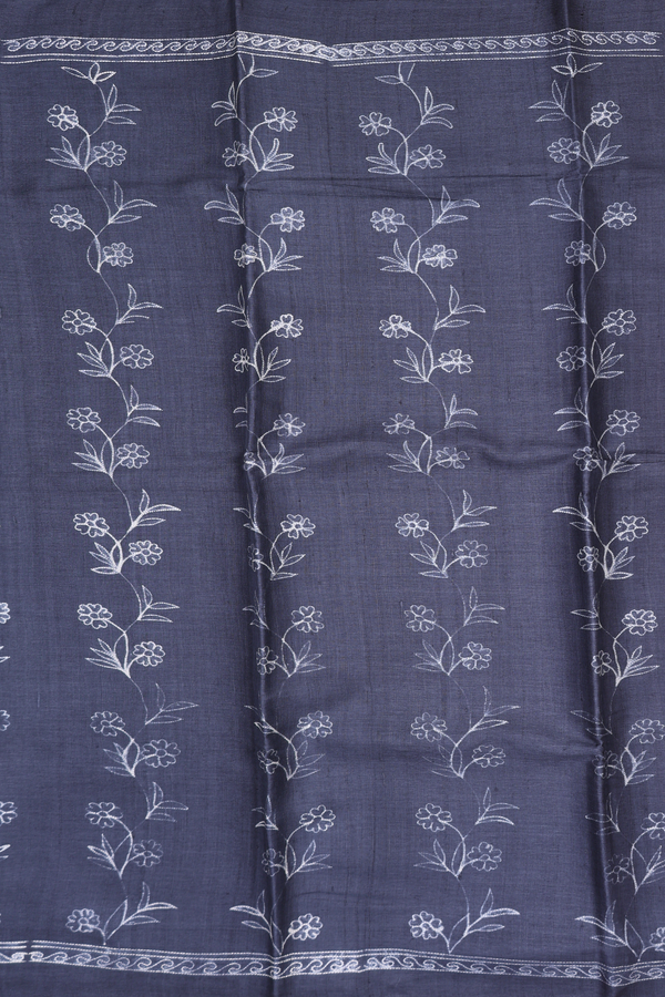 Tussar Silk Saree In Charcoal Grey With Floral Design