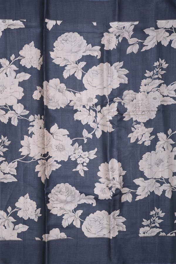 Tussar Silk Saree In Charcoal Grey With Floral Design