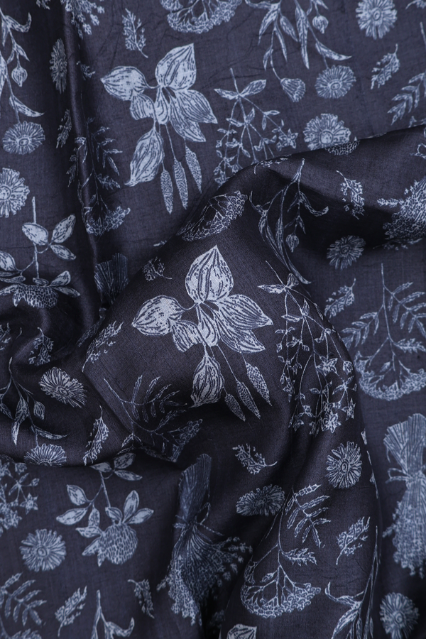 Tussar Silk Saree In Charcoal Grey With Floral Design