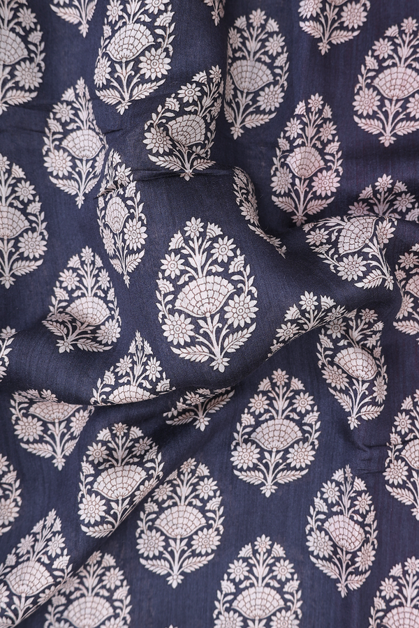 Tussar Silk Saree In Charcoal Grey With Floral Design